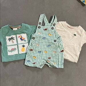 Jojo Maman Bebe Green Gingham Overalls and Tees Set